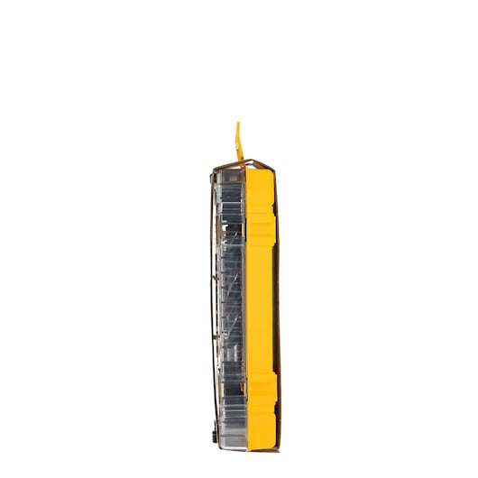 Side view of a yellow DEWALT DT70785 storage case with transparent lid for organizing tools or accessories.