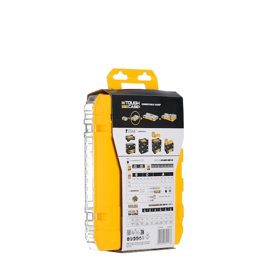 DEWALT DT70785 yellow and clear storage case with product info and handle, used for tool and accessory organization.