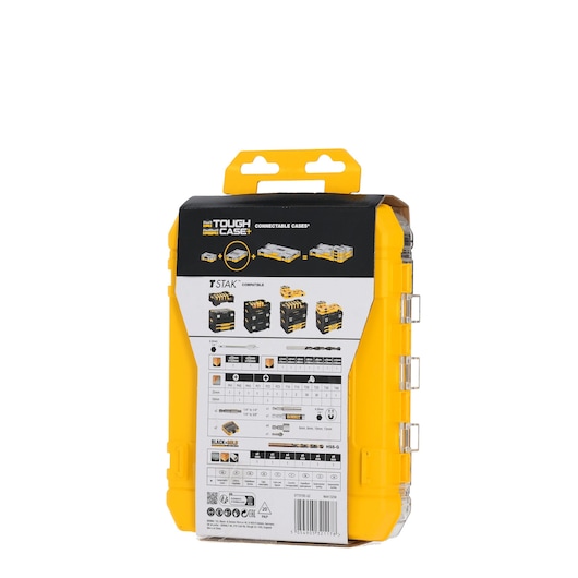 DEWALT DT70785 Tough Case, yellow and black connectable storage box, shown from the back with product info label.