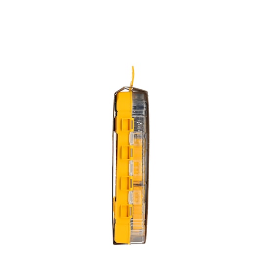 Side view of a DEWALT yellow and transparent storage case with secure latches.