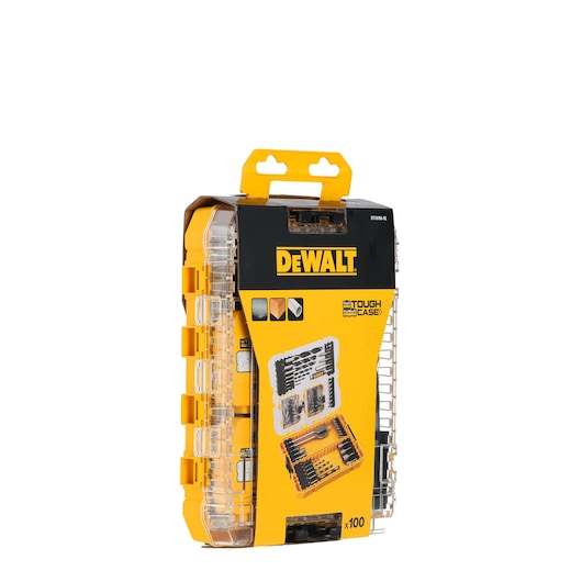 DEWALT DT70785 Tough Case with drill bits and accessories in a yellow and clear plastic organizer.