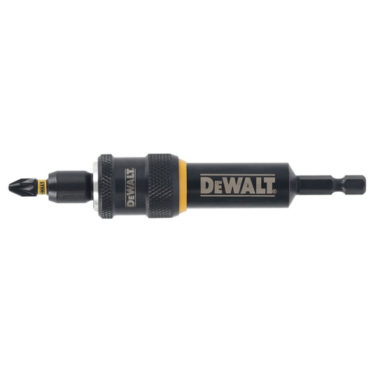 DEWALT DT70787 drill bit holder with a black and yellow design, featuring a screwdriver bit attached.