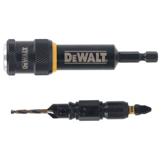 DEWALT drill and screwdriver bit set, black metal, shown separately on a white background.