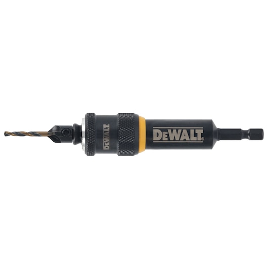 DEWALT DT70788 drill bit holder with a drill bit attached, black and yellow, isolated on white background.