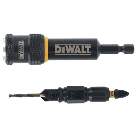 DEWALT DT70788 drill bit and magnetic bit holder, black and yellow, shown side by side on white background.