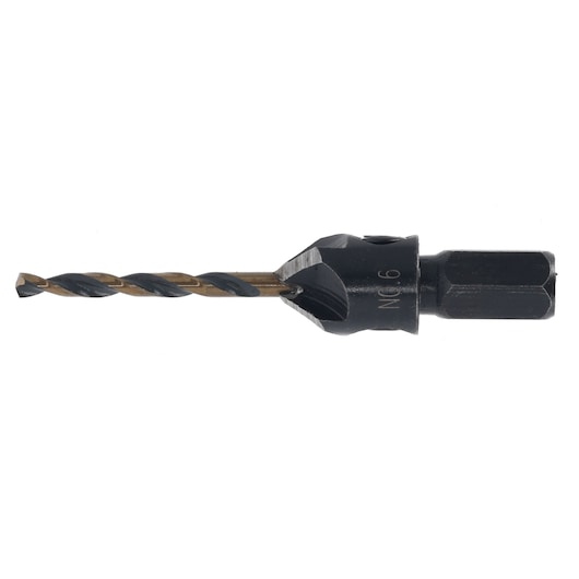 DEWALT drill bit with countersink attachment for woodworking. Black and gold metal, hex shank, isolated on white.