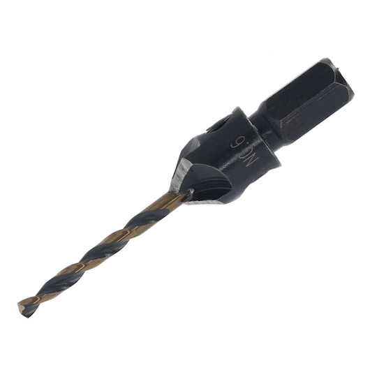 Close-up of a DEWALT drill bit with hex shank, designed for efficient drilling and fastening tasks.