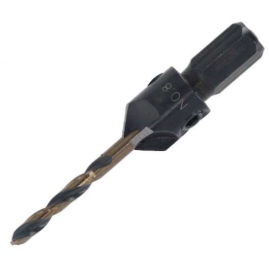 Close-up of a DEWALT drill bit with hex shank for woodworking or metalworking applications.