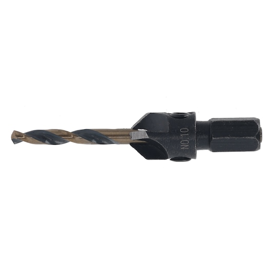 A DEWALT drill bit with countersink attachment, designed for woodworking and precision drilling tasks.