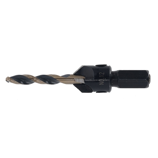 Close-up of a DEWALT drill bit with a hex shank, used for drilling in power tools.