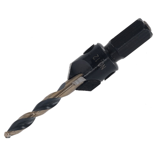 DEWALT drill bit with countersink attachment, black and silver, shown against a white background.