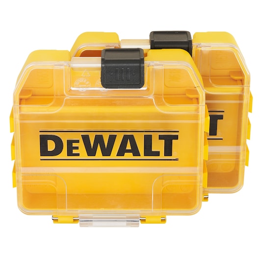 Two yellow DEWALT storage cases with clear lids and black latches, stacked together.