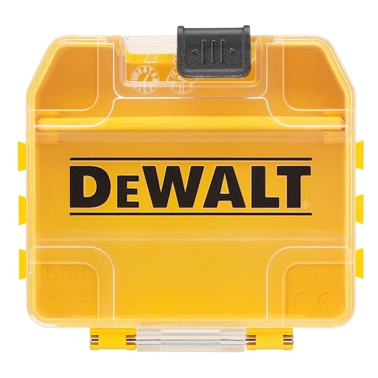 Yellow DEWALT plastic storage box with clear lid and black latch, suitable for organizing small parts.
