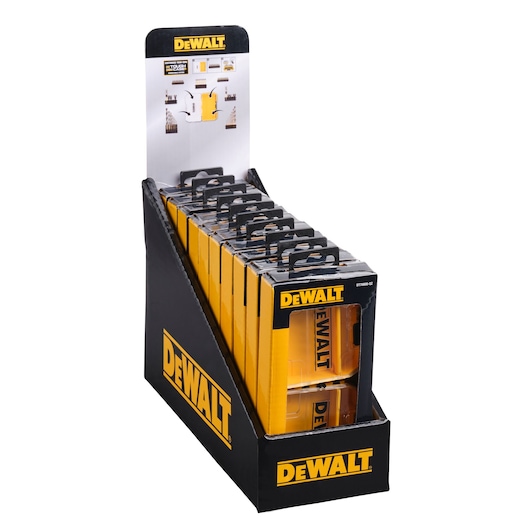 A retail display box containing multiple yellow and black DEWALT tool accessory packages, arranged upright in a branded cardboard stand.