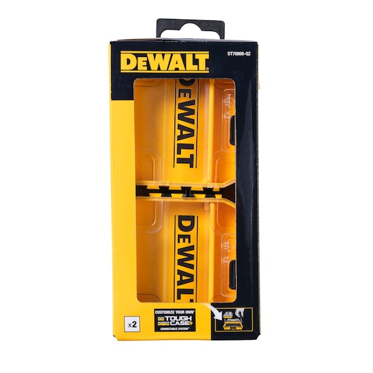Front view of DEWALT DT70800 packaging containing two yellow ToughCase+ connectable cases for tool and accessory storage, with prominent DEWALT branding and partially visible contents through a clear window.