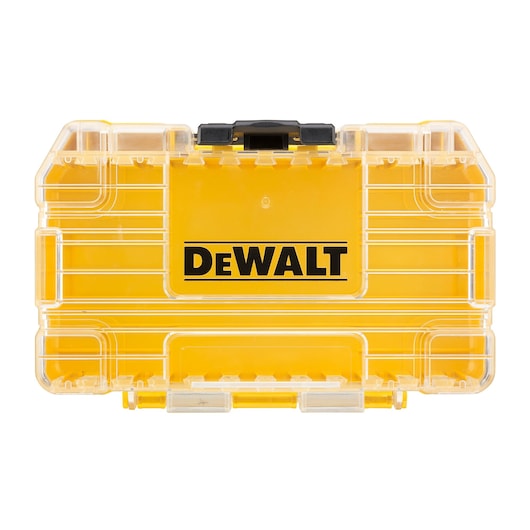 Yellow DEWALT storage case with transparent lid and black latch, designed for organizing small tools or accessories.