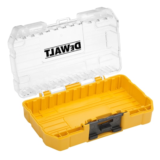 Open DEWALT yellow storage case with clear lid, designed for organizing photography accessories or small tools.