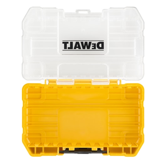Open DEWALT yellow plastic storage box with clear lid, seen from above, empty inside.