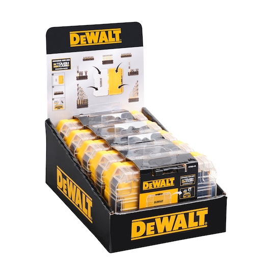 DEWALT display box containing multiple yellow and black Tough Cases for drill bits, each with transparent lids, arranged neatly in rows. The branding and product information are prominently shown on the packaging.