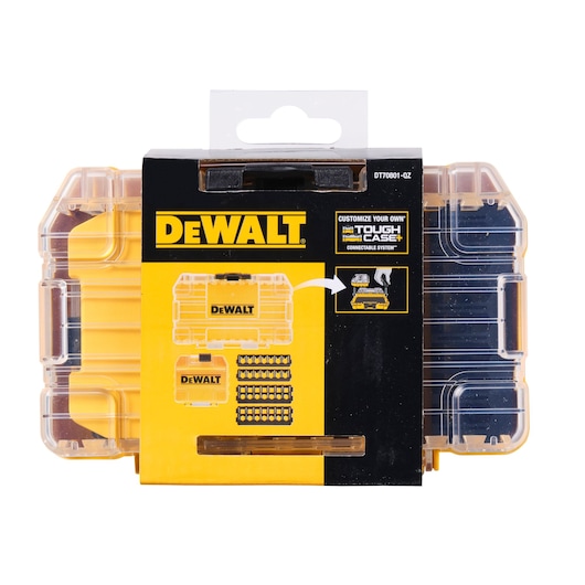 DEWALT DT70801 ToughCase+ transparent and yellow storage box with black and yellow label on the front, showing customizable storage for drill and screwdriver bits.