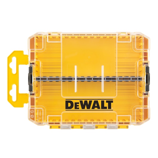 A yellow and transparent plastic DEWALT storage case with black latches, viewed from above. The case features the DEWALT logo on the front.