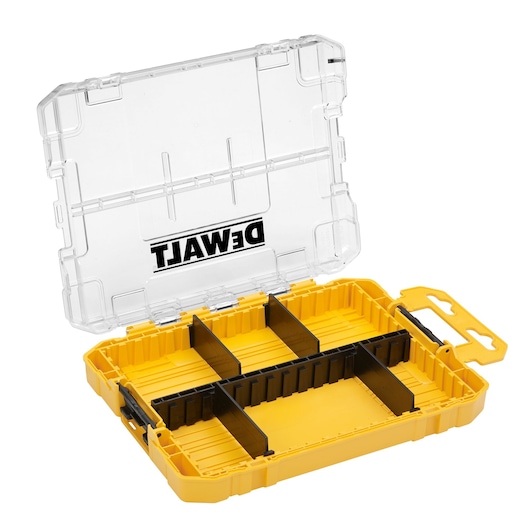 A DEWALT yellow plastic organizer box with a transparent lid, open to show multiple adjustable black compartments for storing tools or small parts.