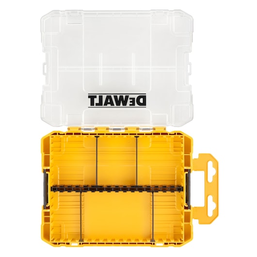 Open yellow DEWALT plastic storage case with clear lid, showing empty interior compartments and black dividers.
