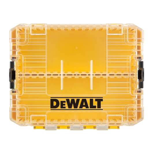 A yellow and transparent plastic storage box with black latches, featuring the DEWALT logo on the front.