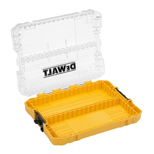 Open DEWALT yellow and clear plastic storage case with the lid raised, showing the empty interior and the DEWALT logo on the transparent lid.