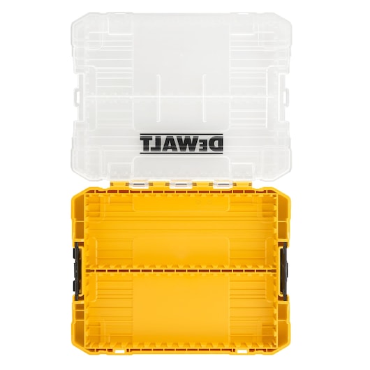 Open DEWALT storage case with a transparent lid and yellow base, showing empty interior compartments.