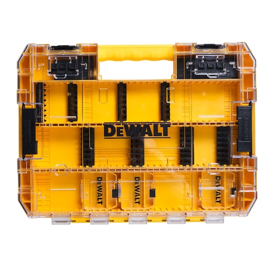 A Dewalt yellow and black plastic organizer case with a transparent lid, suitable for storing small tools or accessories. The case has divided compartments and a carry handle at the top.