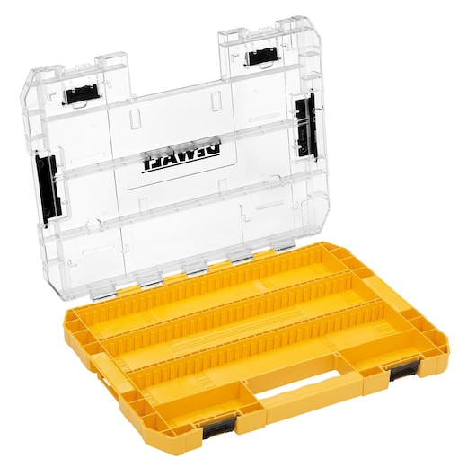 Open DEWALT plastic organizer case with yellow base and transparent lid, designed with multiple compartments for storing small tools or accessories.
