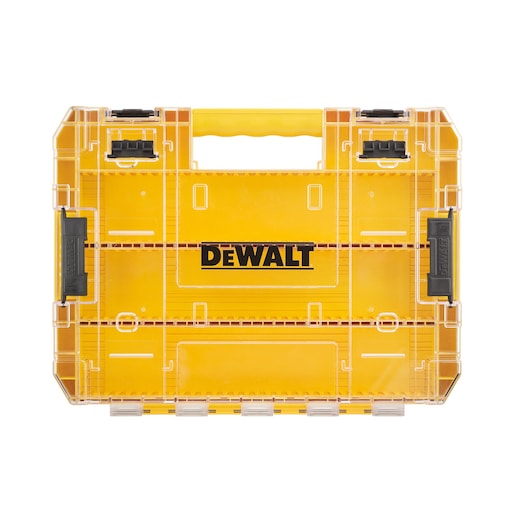 A yellow DEWALT-branded plastic storage case with a clear lid and black latches, designed for organizing tools or accessories.