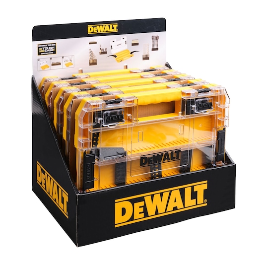 Display of DEWALT ToughCase tool accessory storage cases in a black and yellow branded box, featuring multiple transparent cases with yellow backing and secure black latches.