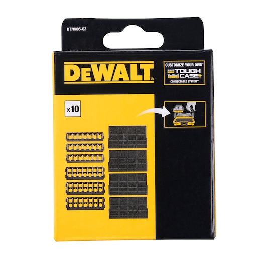 Front view of a DEWALT DT70805 packaging for customizable Tough Case+ connectable system, featuring 10 black plastic divider inserts, shown on a yellow and black box with illustrations and branding.
