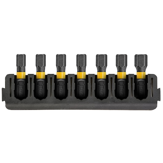 Eight DEWALT screwdriver bits in a black holder, each with a yellow band, arranged in a row.