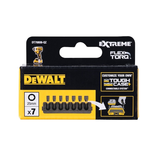 Front view of a DEWALT Extreme FlexTorq 25mm screwdriver bit set pack, model DT70806, showing seven bits in a holder and packaging details with storage system compatibility.