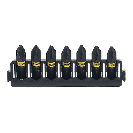 DEWALT set of seven black screwdriver bits in a holder, each labeled with a yellow band.