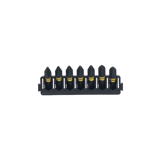 Seven DEWALT screwdriver bits in a black holder, arranged side by side on a white background.