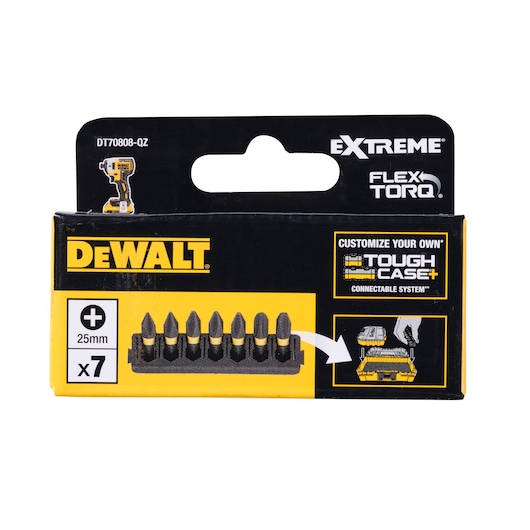 Front view of a DEWALT Extreme FlexTorq 25mm screwdriver bits set, model DT70808, with seven bits displayed in the packaging. The packaging highlights compatibility with the Tough Case+ connectable system.