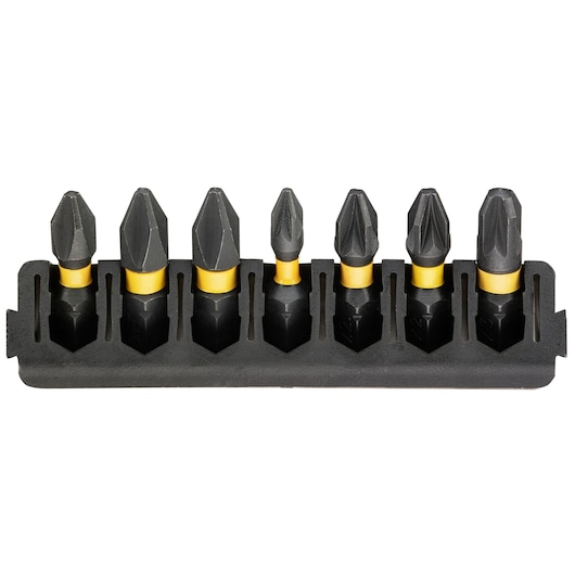 Set of seven DEWALT screwdriver bits with yellow rings in a black holder, arranged side by side.