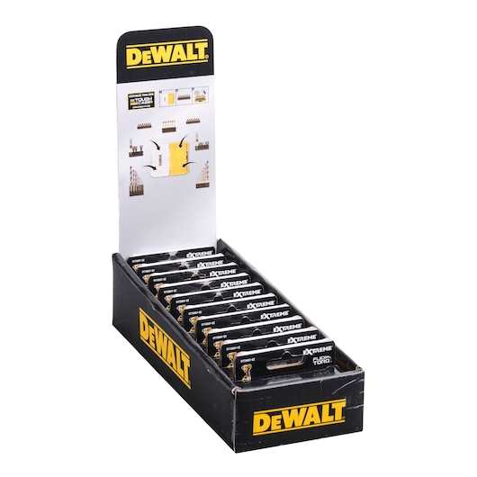 A display box containing multiple packs of DEWALT Extreme FlexTorq screwdriver bits. The black and yellow box is branded with the DEWALT logo and is open to show the products inside, which are arranged in rows and packaged individually.