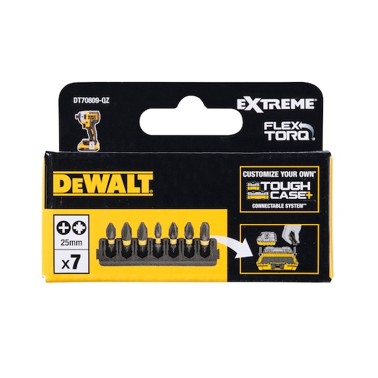 Front view of a DEWALT DT70809 Extreme FlexTorq Tough Case+ system box containing 7 Phillips screwdriver bits, each 25mm in length.