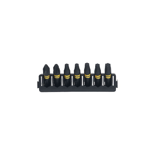 DEWALT set of seven black screwdriver bits in a holder, displayed against a white background.