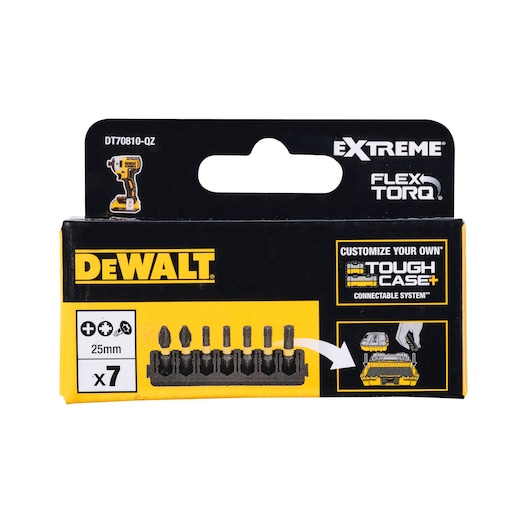 Front view of DEWALT DT70810 packaging for Extreme FlexTorq 25mm screwdriver bits, set of 7 pieces, compatible with TOUGH CASE+ connectable system.