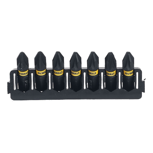 Set of seven DEWALT screwdriver bits in a black holder, displayed in a row for easy access and storage.