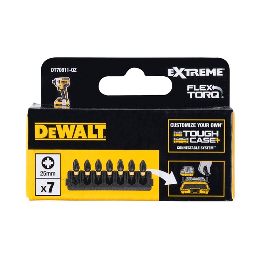Front view of a DEWALT DT70811-QZ package containing 7 screwdriver bits, 25mm in length. The packaging features DEWALT branding, information about the FLEXTORQ and Extreme series, and suggests that the bits are compatible with the ToughCase+ connectable system.