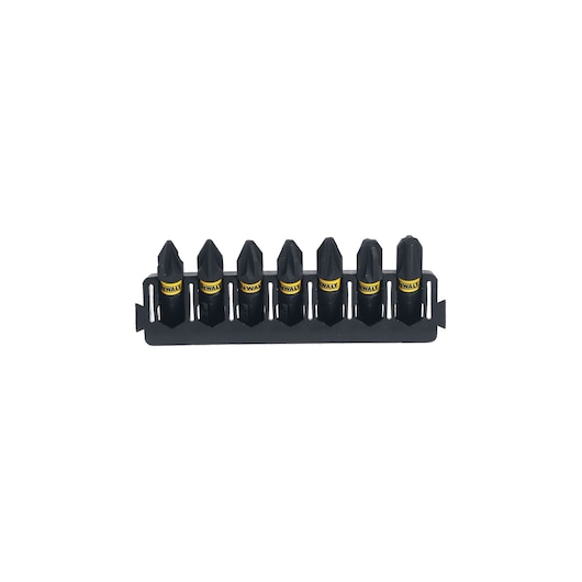 A set of seven black DEWALT screwdriver bits arranged in a plastic holder, viewed from the front.