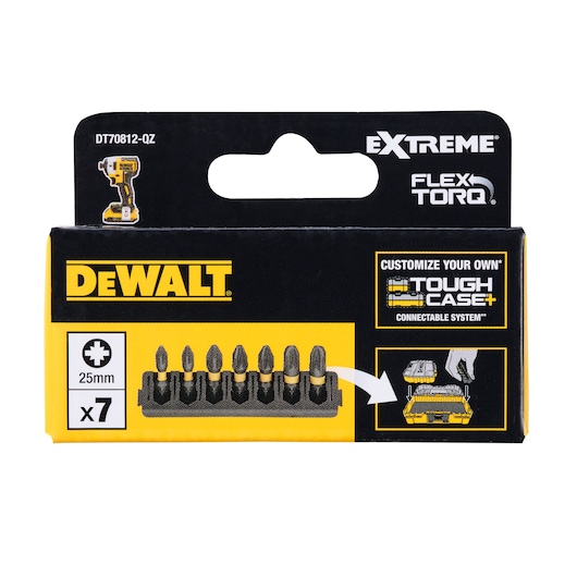 Front view of a DEWALT DT70812 Extreme FlexTorq set, containing 7 x 25mm screwdriver bits in a yellow and black box. The packaging highlights the ToughCase+ connectable system.