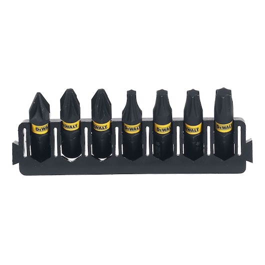 A set of seven DEWALT screwdriver bits in a black holder, displayed in a row on a white background.